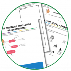 Close-up of business brainstorming worksheets titled "AG BUSINESS CHALLENGE BRAINSTORMING" with illustrations and text related to agriculture supply chains, including sections for ideas and challenges, ideal for teaching entrepreneurship in youth through a comprehensive K12 entrepreneur curriculum.